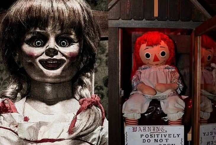 A boneca do filme de terror (à esquerda) ao lado da verdadeira Anabelle