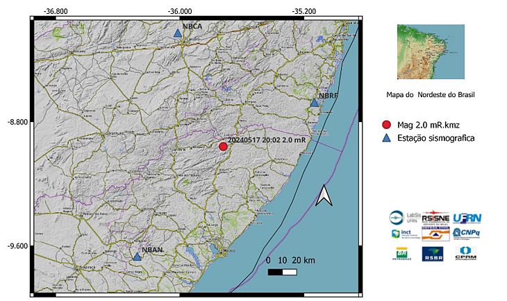 Nesta sexta-feira, 17 de maio, o Laboratório Sismológico da UFRN registrou  um tremor de terra na região do município de Colônia Leopoldina, no estado de Alagoas. Magnitude preliminar indicada pela bola vermelha no mapa