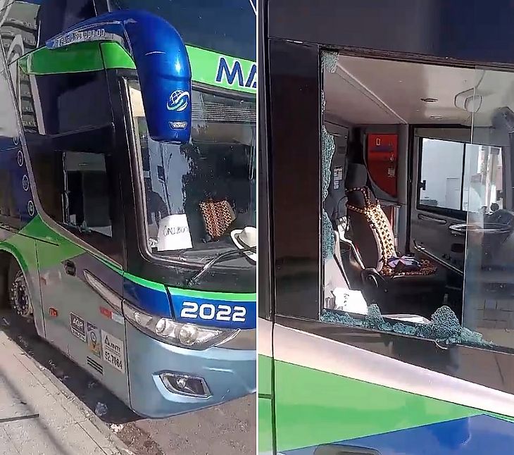 Imagem mostra janela quebrada do ônibus na manhã desta terça-feira, 23, em Pajuçara